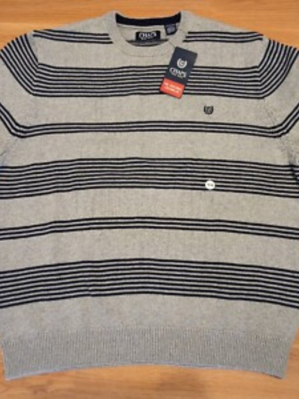 Chaps Striped Sweater Crewneck Pullover Navy Blue Gray Logo Men’s Size XL NWT